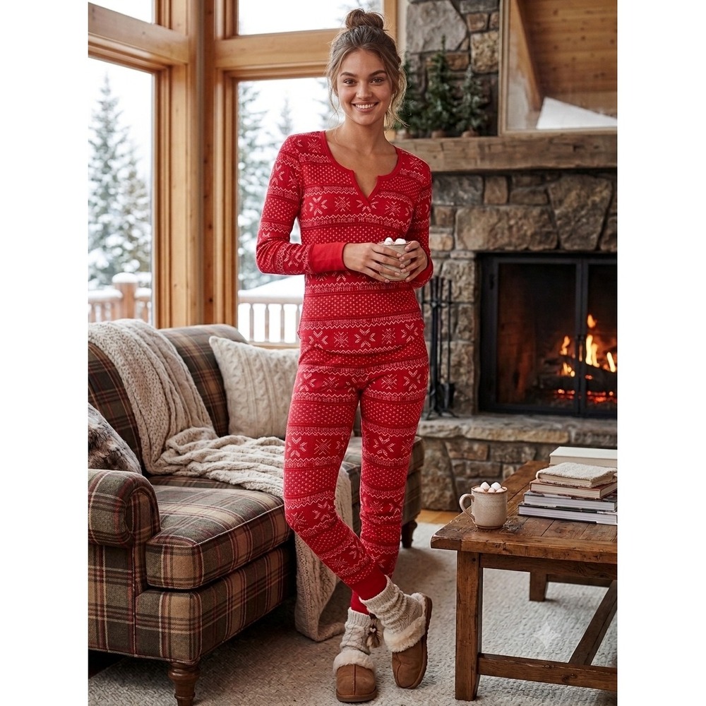 Victorias Secret Red Fair Isle Thermal Pajama Set Long Sleeve Top Leggings Large